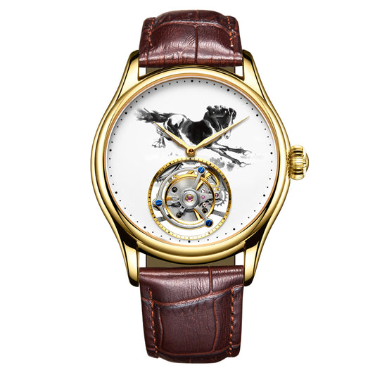 Double-Sided Skeleton Tourbillon Watch For Men Ink Paiting Horse 7010