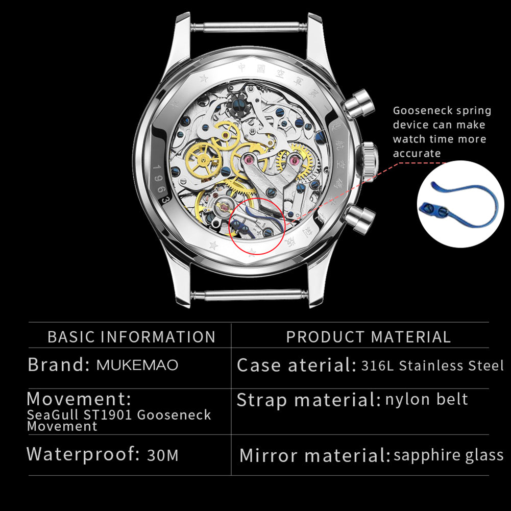 SEAKOSS 38mm Seagull 1963 Movement Chronograph Watch Sapphire Glass